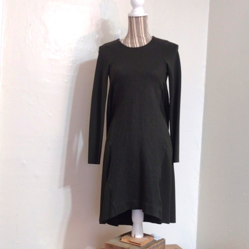 COS Dark Olive Green Wool Blend Long Sleeve A-line Mini Dress Size XS